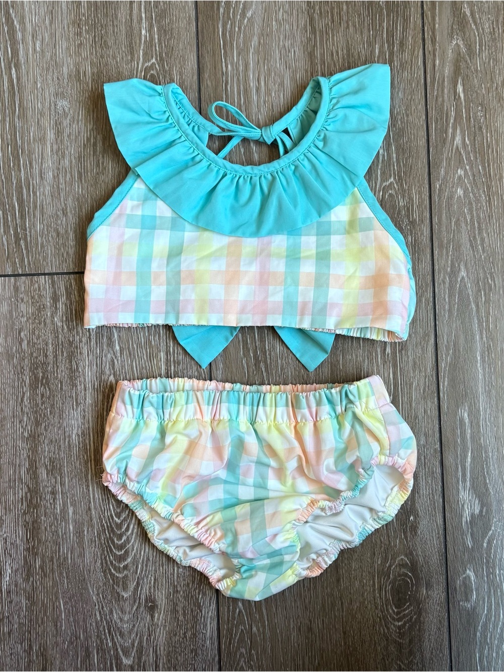 Smocking Dog Pastel Gingham Ruffle Bow 2 Piece Beach Set Size 5